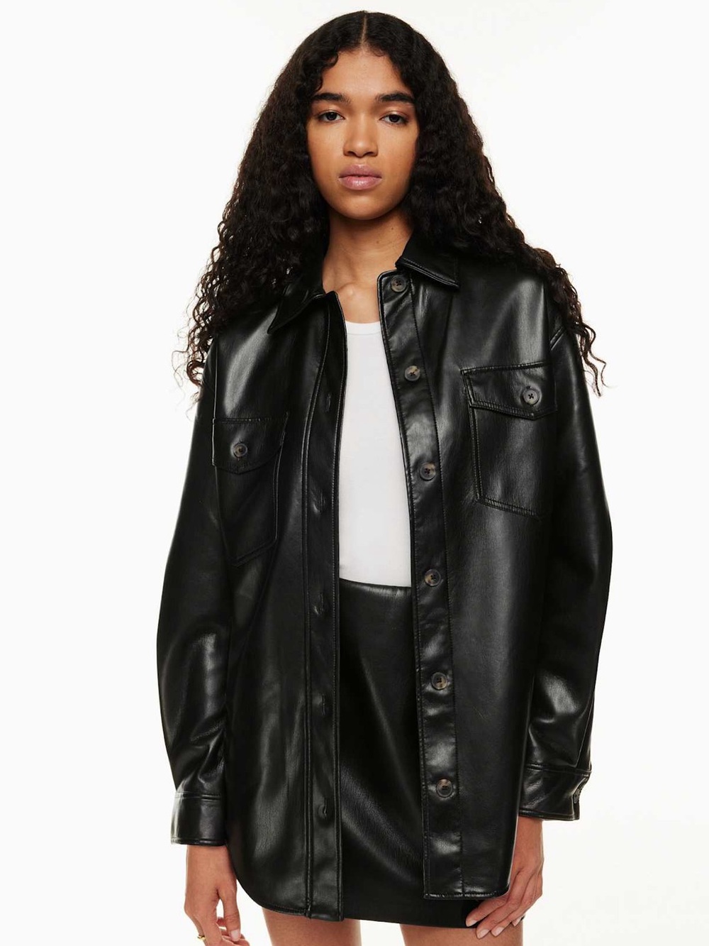 Aritzia Wilfred Black Ganna Vegan Leather Button Up Shirt Jacket size xxs